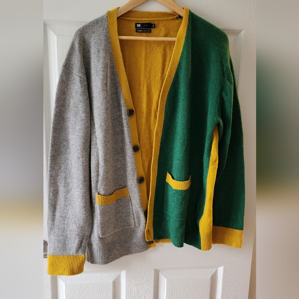 Le 31 par Simons 100% Lambswool Colourblock Cardigan Men's XL yellow green gray